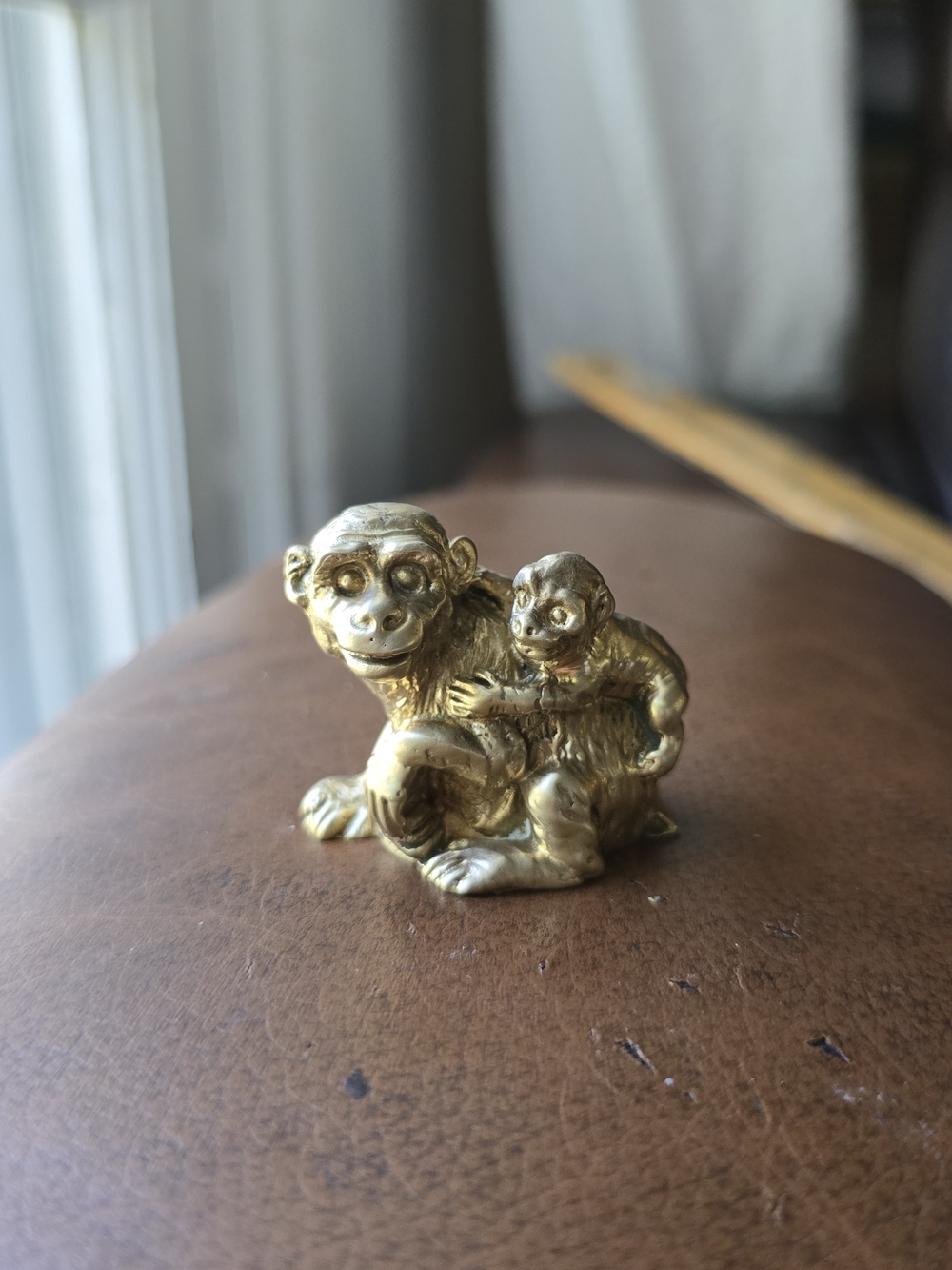 Solid Brass Monkey Mother and Baby Figurine - Decorative Home Art
